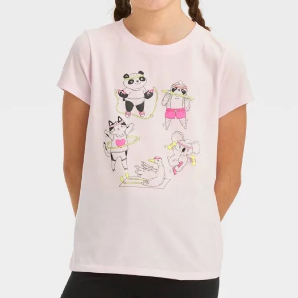 Cat & Jack Girls’ Short Sleeve ‘Fitness Animals’ Graphic T-Shirt - Light Pink